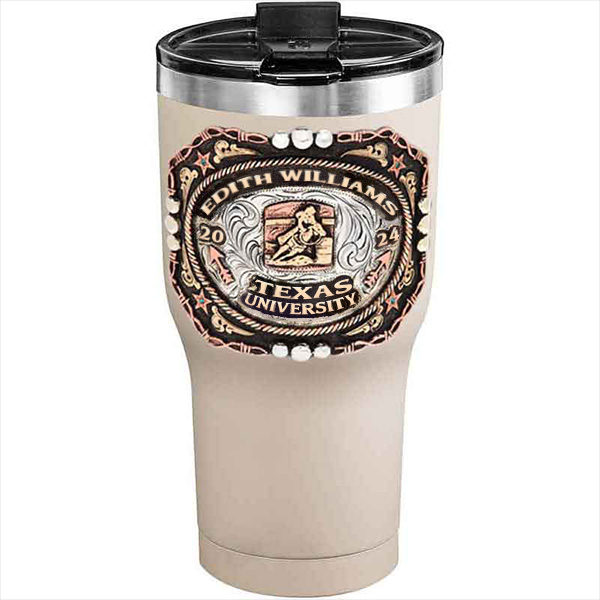 A customized tumbler made of stainless steel with a personalized engraved name and Texas University lettering with barrel racing figure, 30 oz, ideal for coffee or cool drinks